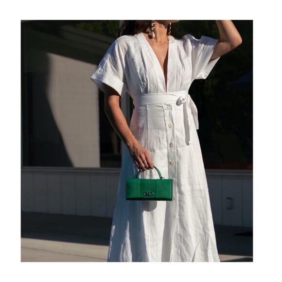 Equipment Nauman Linen Deep V Neck Midi Dress in Bright White Size 8 - Picture 3 of 7